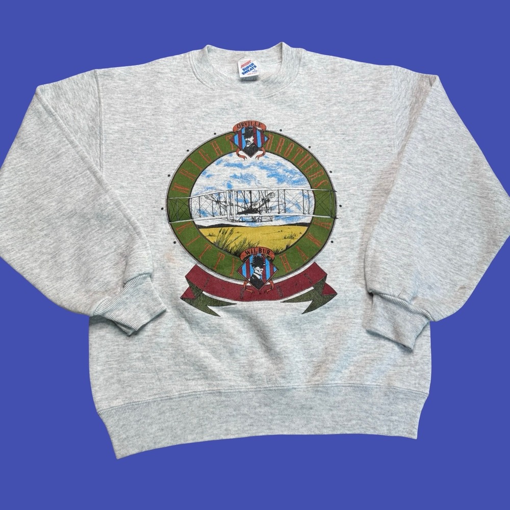 Vintage Wright Brothers Sweatshirt Small Gray White Kitty Hawk Aviation USA